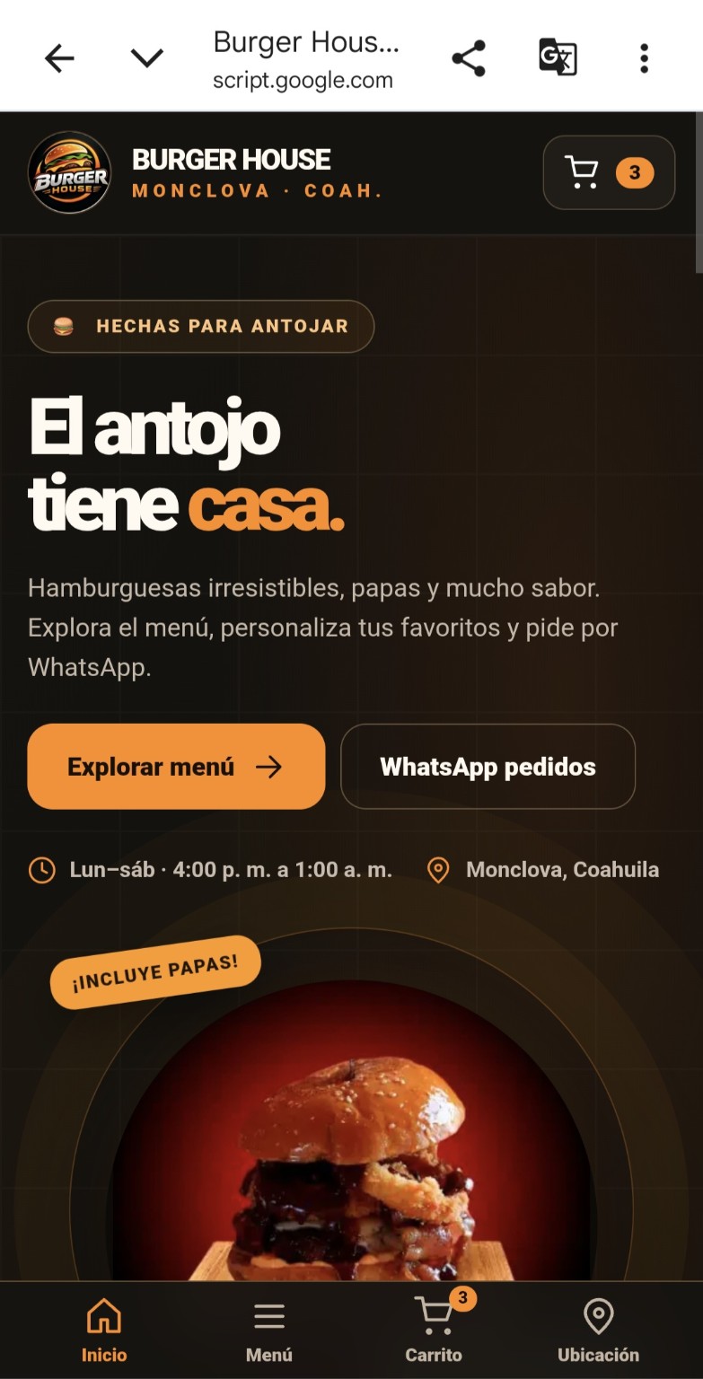 Vista del menú de Burger House en celular