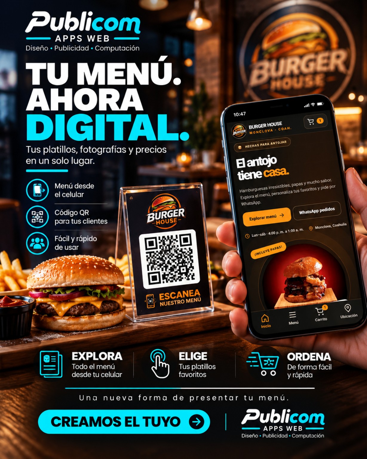 Flyer promocional de menú digital usando Burger House como ejemplo