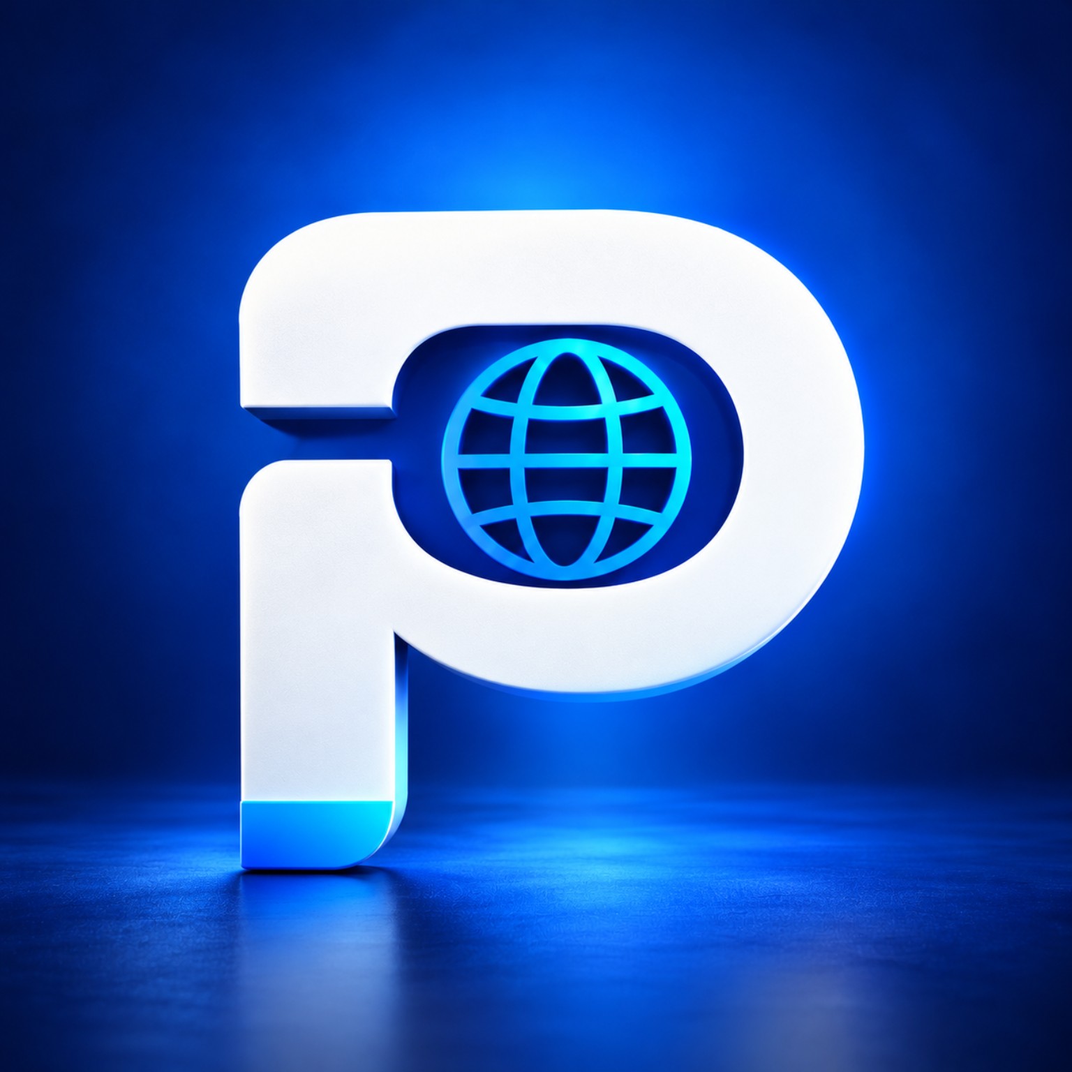 Nueva P oficial de Publicom en presentación tridimensional premium sobre fondo azul