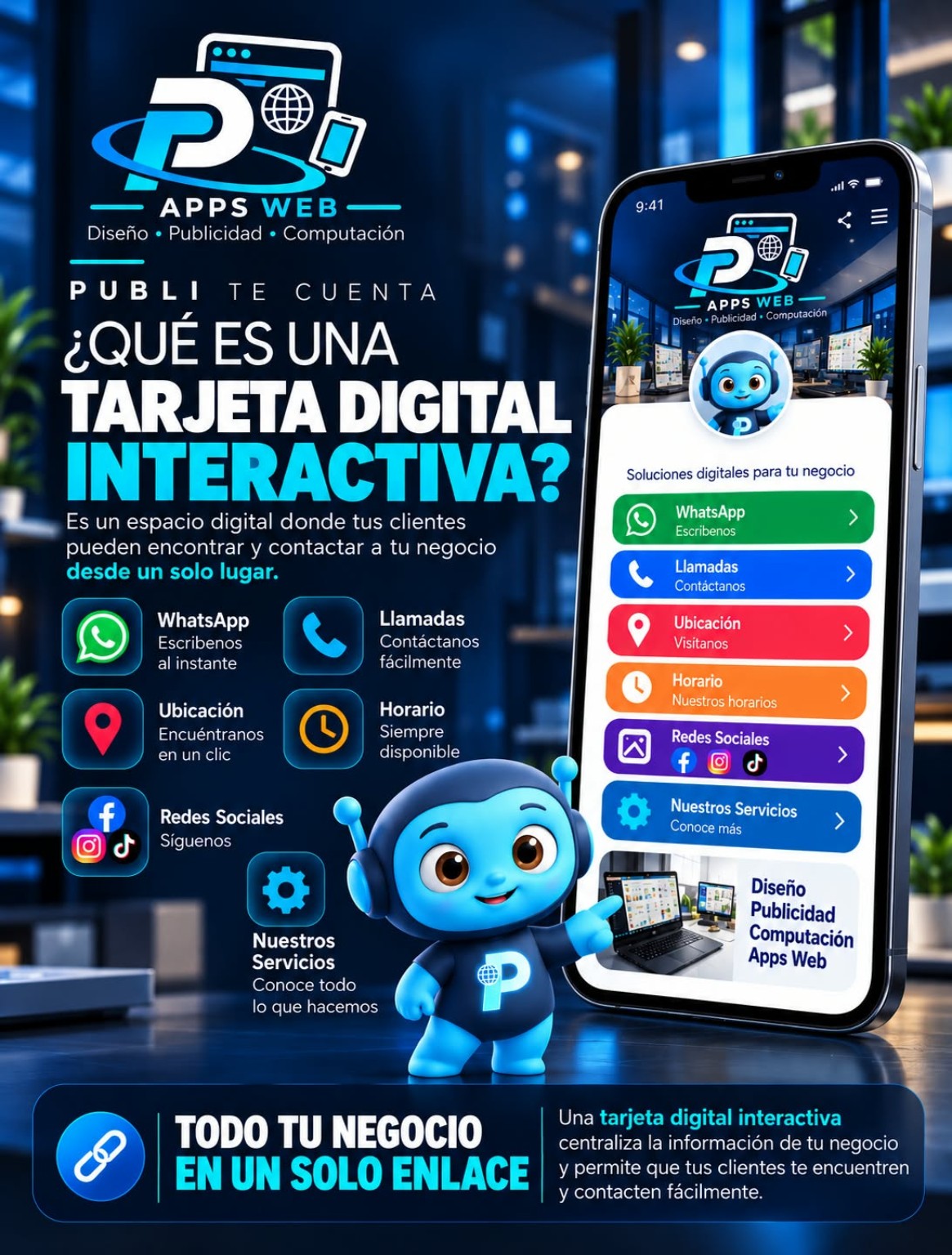 Flyer de Publicom que explica la Tarjeta Digital Interactiva con Publi y ejemplo en celular